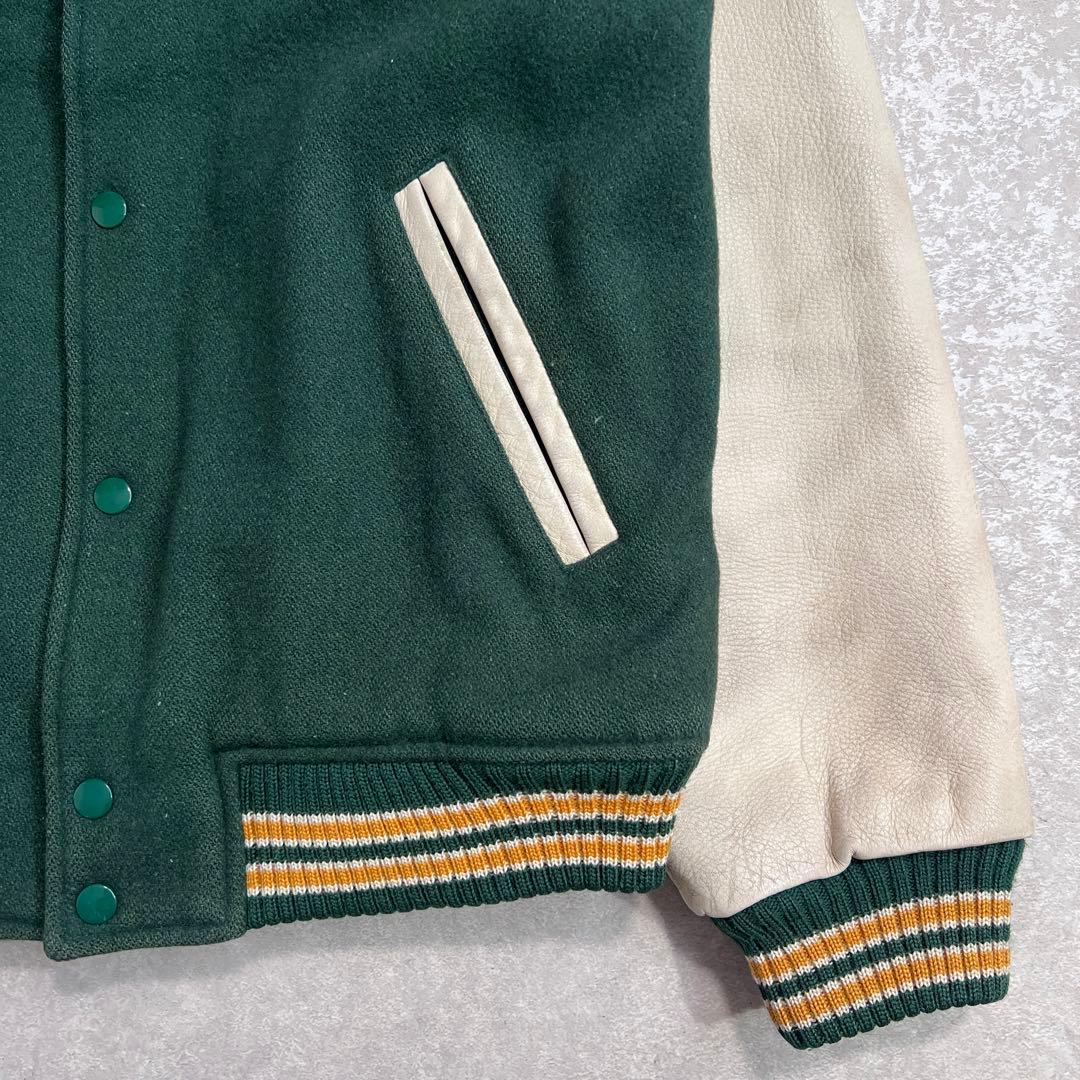 【美品】80sヴィンテージ ウールレザースタジャン 無地 グリーンホワイト L