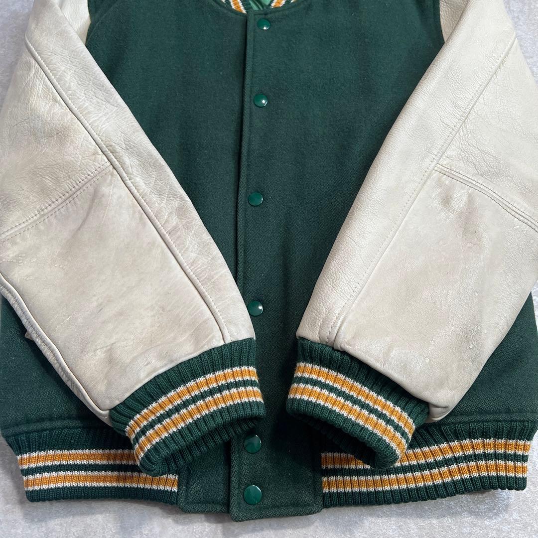 【美品】80sヴィンテージ ウールレザースタジャン 無地 グリーンホワイト L