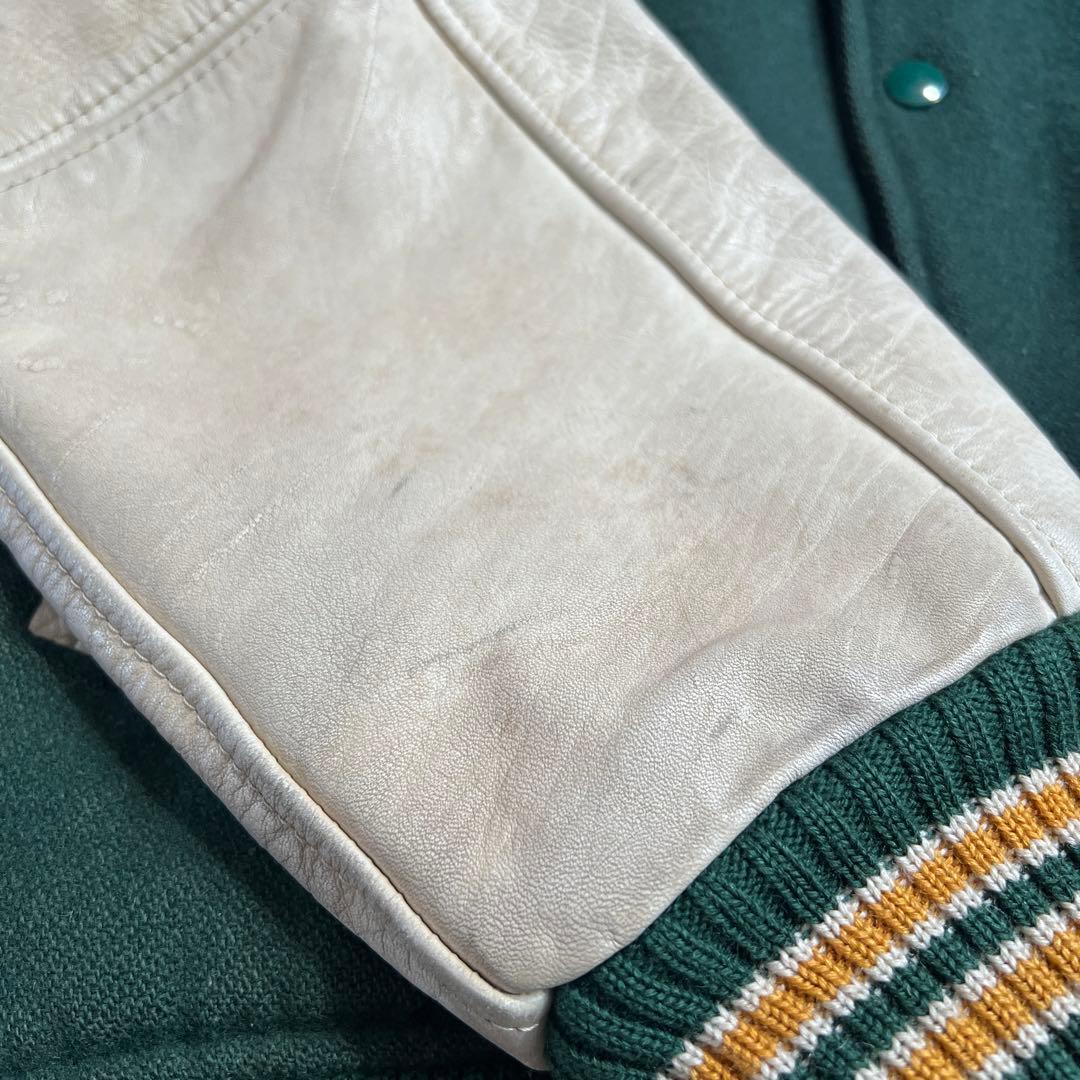 【美品】80sヴィンテージ ウールレザースタジャン 無地 グリーンホワイト L