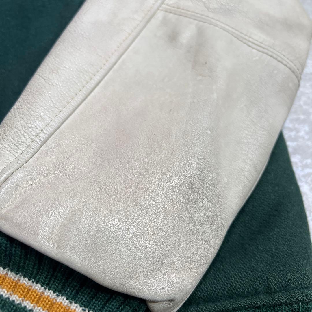 【美品】80sヴィンテージ ウールレザースタジャン 無地 グリーンホワイト L