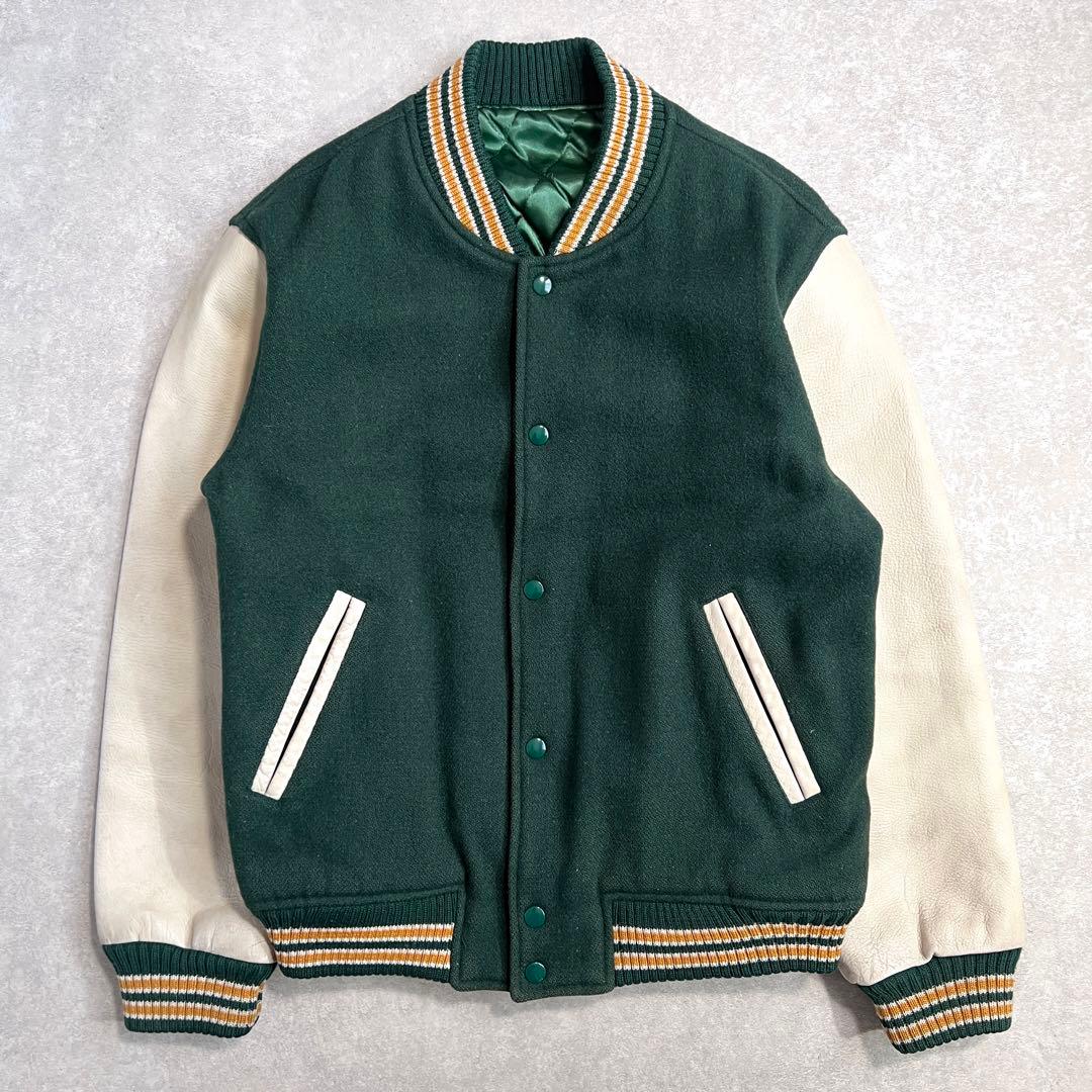 【美品】80sヴィンテージ ウールレザースタジャン 無地 グリーンホワイト L