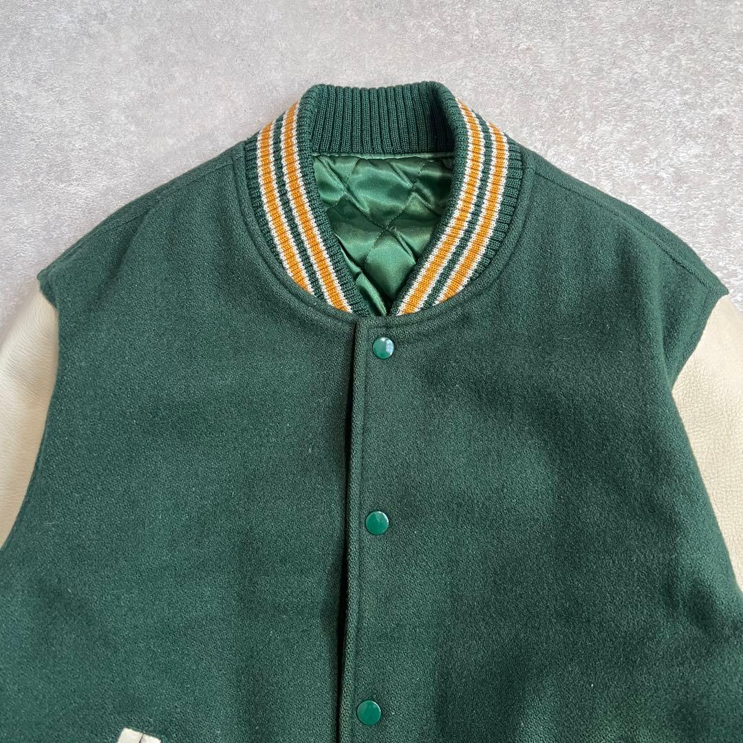 【美品】80sヴィンテージ ウールレザースタジャン 無地 グリーンホワイト L