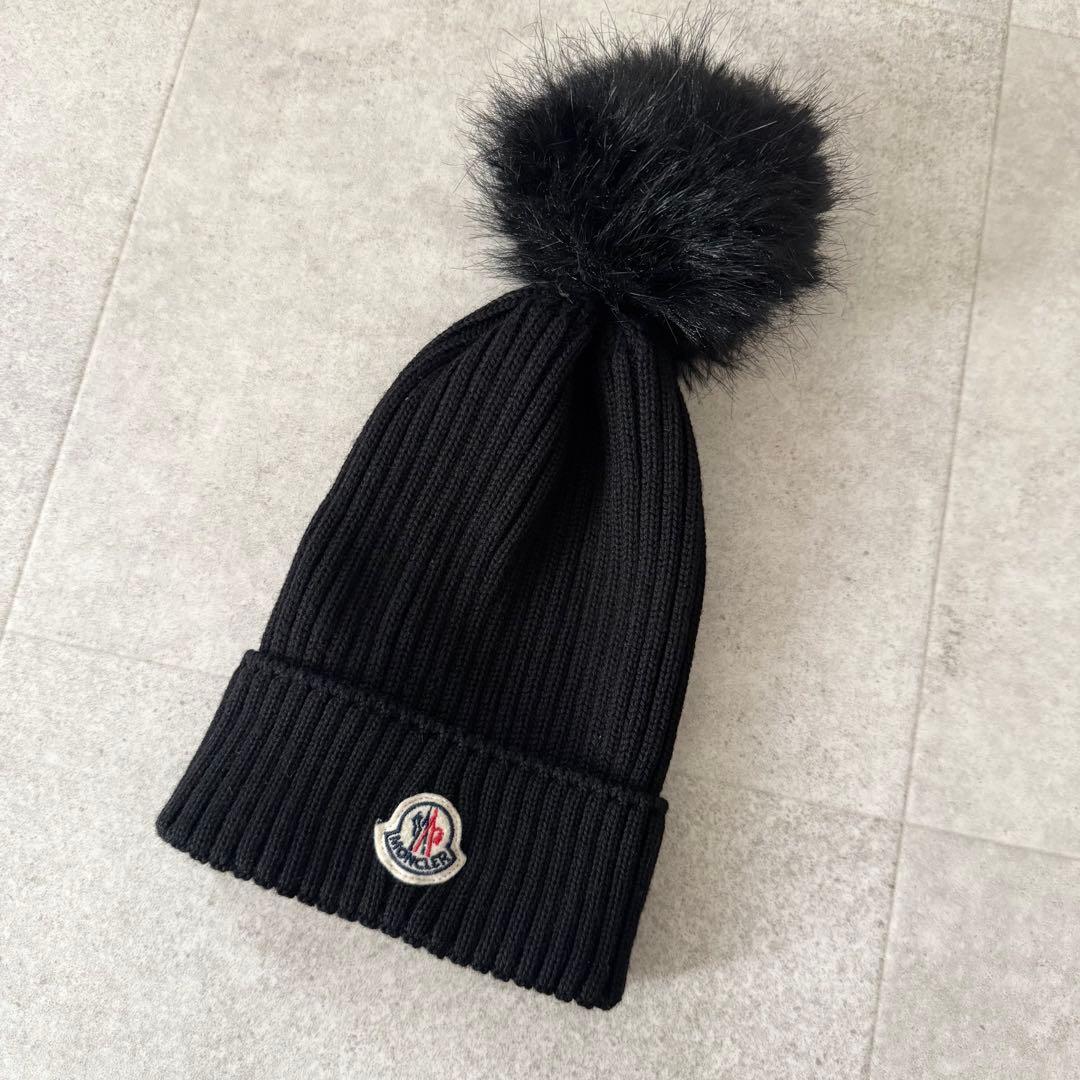 モンクレール　ボンボンニット　ニット帽　ビーニー　ロゴワッペン　黒　L