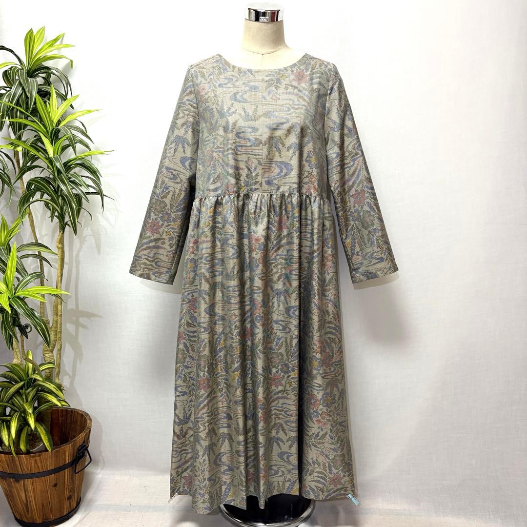 着物リメイクワンピース　大島紬　花柄　ロング　ふんわりギャザー　L ゆったり