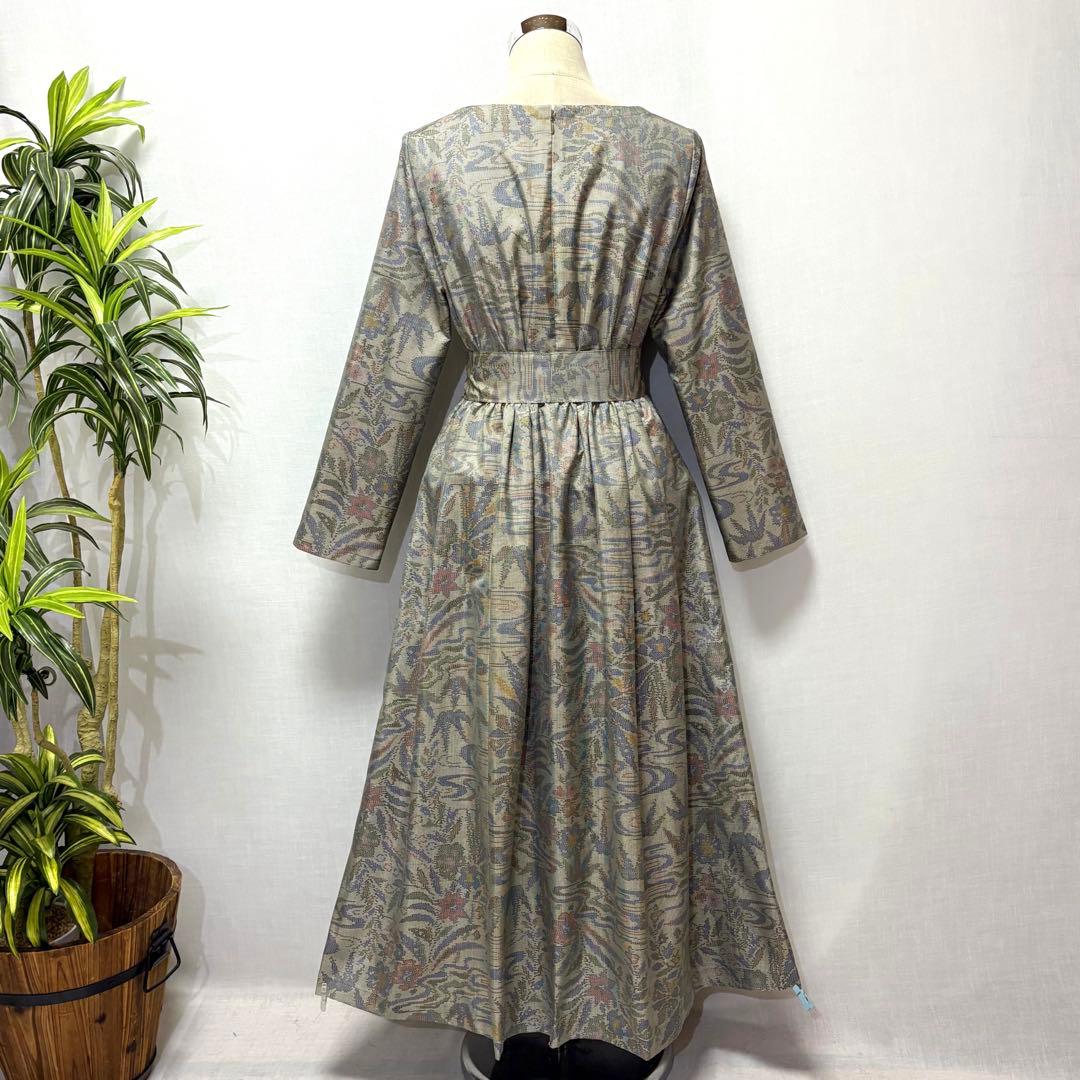 着物リメイクワンピース　大島紬　花柄　ロング　ふんわりギャザー　L ゆったり