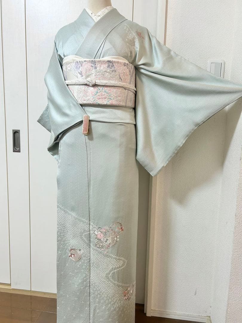 美品　水色　汕頭刺繍　正絹訪問着　フルセット4点　卒業式　入学式　七五三