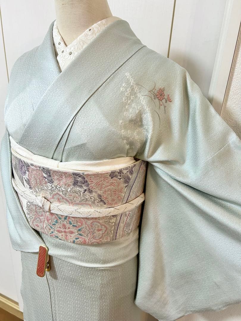 美品　水色　汕頭刺繍　正絹訪問着　フルセット4点　卒業式　入学式　七五三