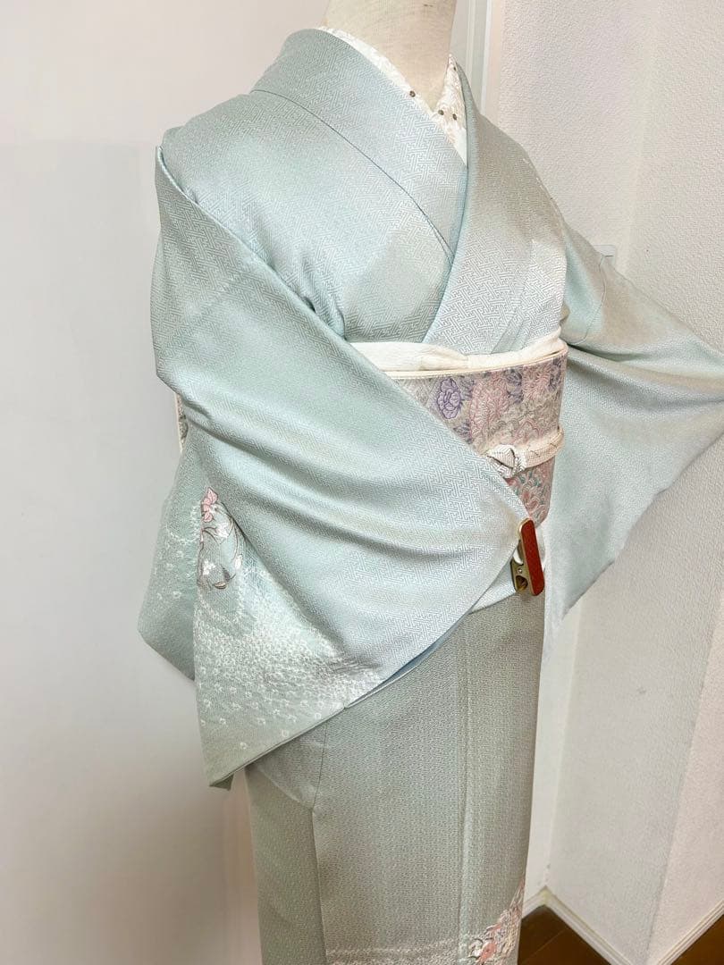 美品　水色　汕頭刺繍　正絹訪問着　フルセット4点　卒業式　入学式　七五三