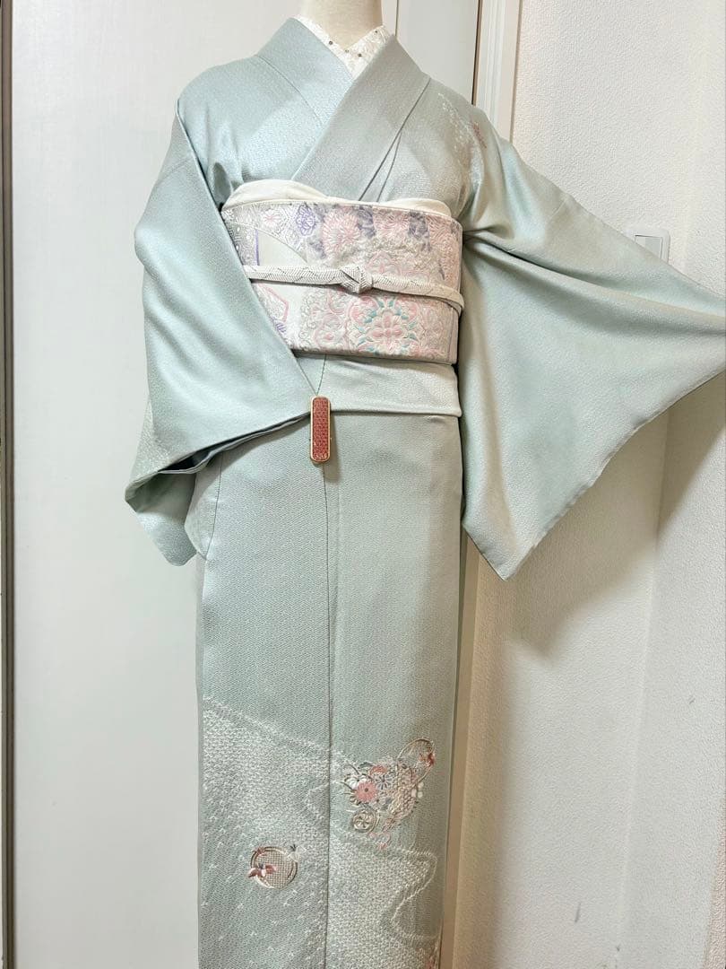 美品　水色　汕頭刺繍　正絹訪問着　フルセット4点　卒業式　入学式　七五三