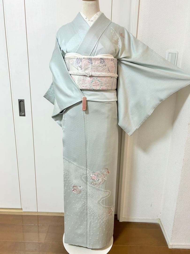 美品　水色　汕頭刺繍　正絹訪問着　フルセット4点　卒業式　入学式　七五三