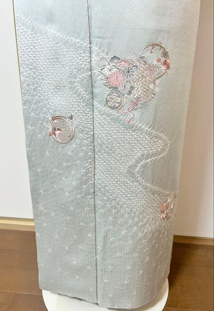 美品　水色　汕頭刺繍　正絹訪問着　フルセット4点　卒業式　入学式　七五三