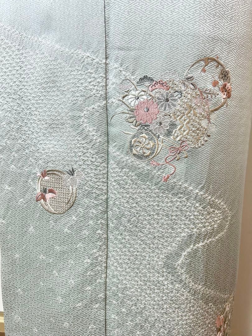 美品　水色　汕頭刺繍　正絹訪問着　フルセット4点　卒業式　入学式　七五三