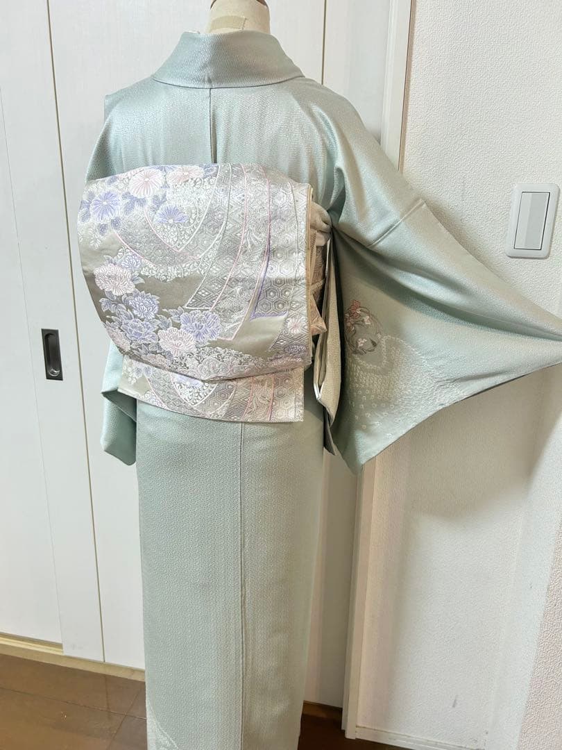 美品　水色　汕頭刺繍　正絹訪問着　フルセット4点　卒業式　入学式　七五三