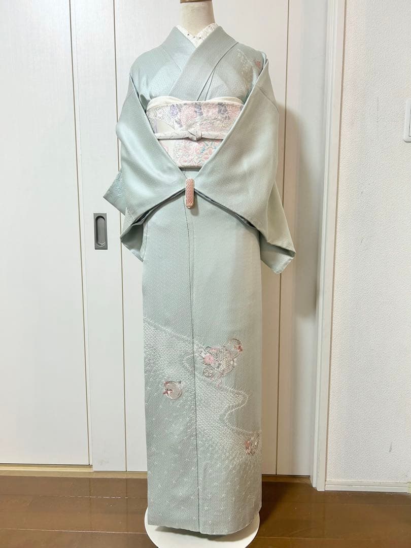 美品　水色　汕頭刺繍　正絹訪問着　フルセット4点　卒業式　入学式　七五三