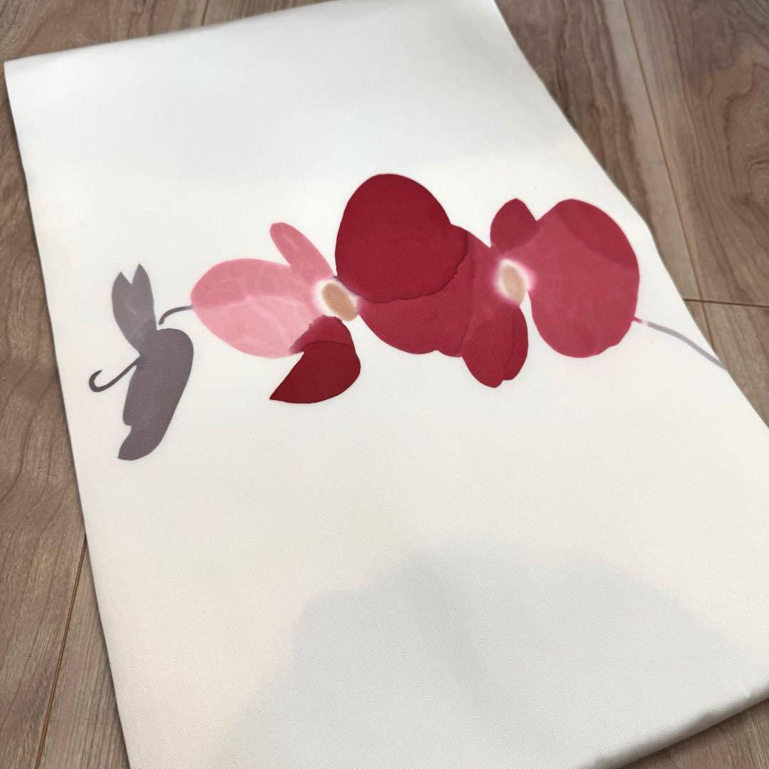 超美品　正絹　九寸　名古屋帯　着物　高久空木　白　赤　ピンク　蘭　374