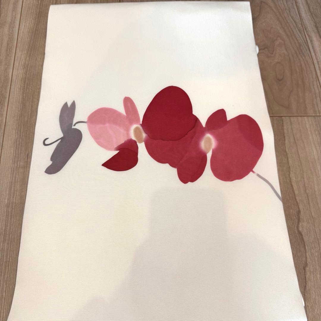 超美品　正絹　九寸　名古屋帯　着物　高久空木　白　赤　ピンク　蘭　374