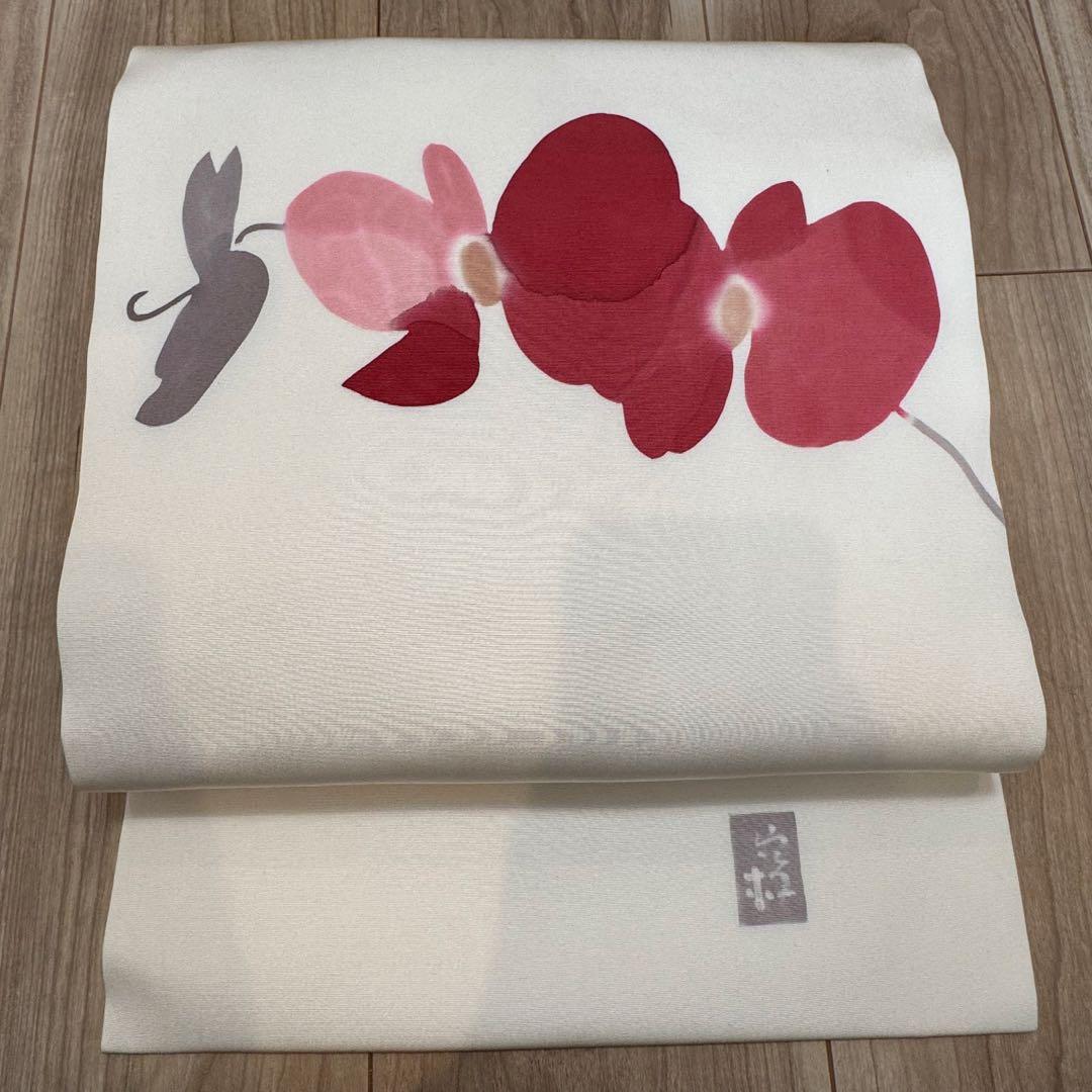 超美品　正絹　九寸　名古屋帯　着物　高久空木　白　赤　ピンク　蘭　374