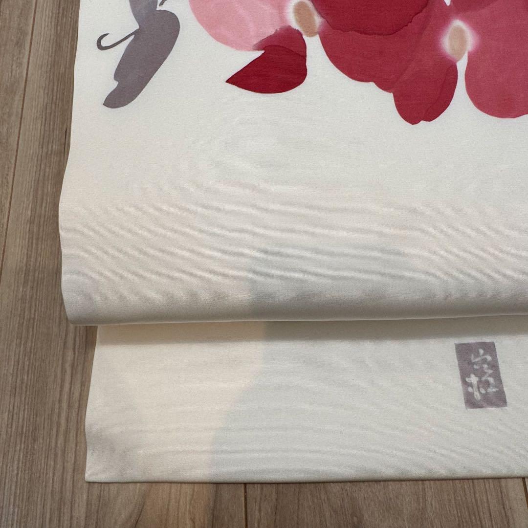 超美品　正絹　九寸　名古屋帯　着物　高久空木　白　赤　ピンク　蘭　374