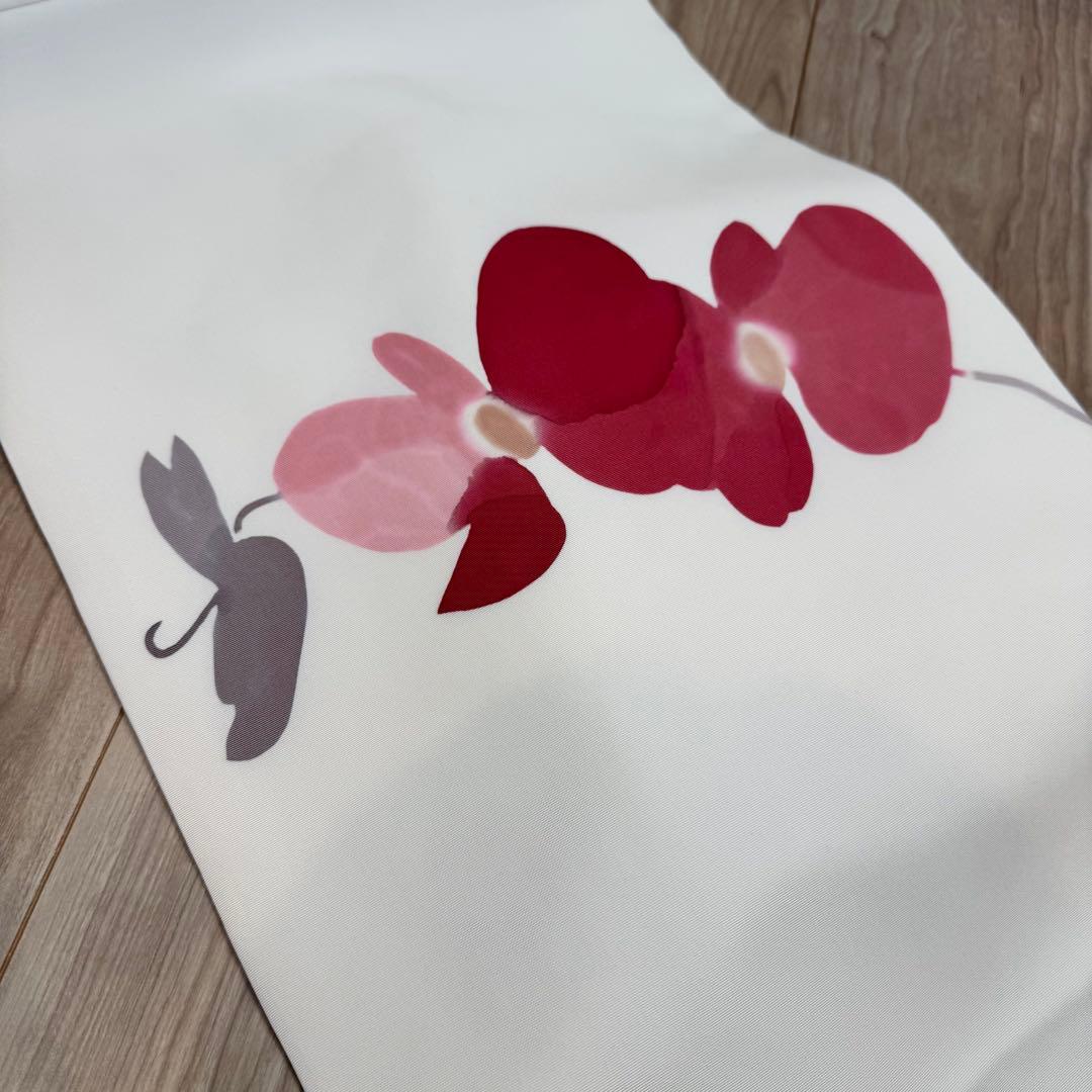 超美品　正絹　九寸　名古屋帯　着物　高久空木　白　赤　ピンク　蘭　374