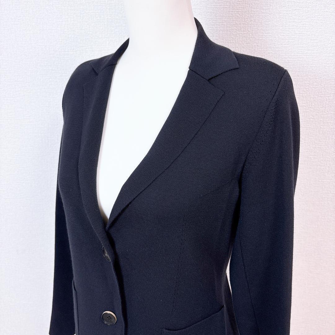 【美品】FOXEY ニット地テーラードジャケット 38 無地 ダークネイビー