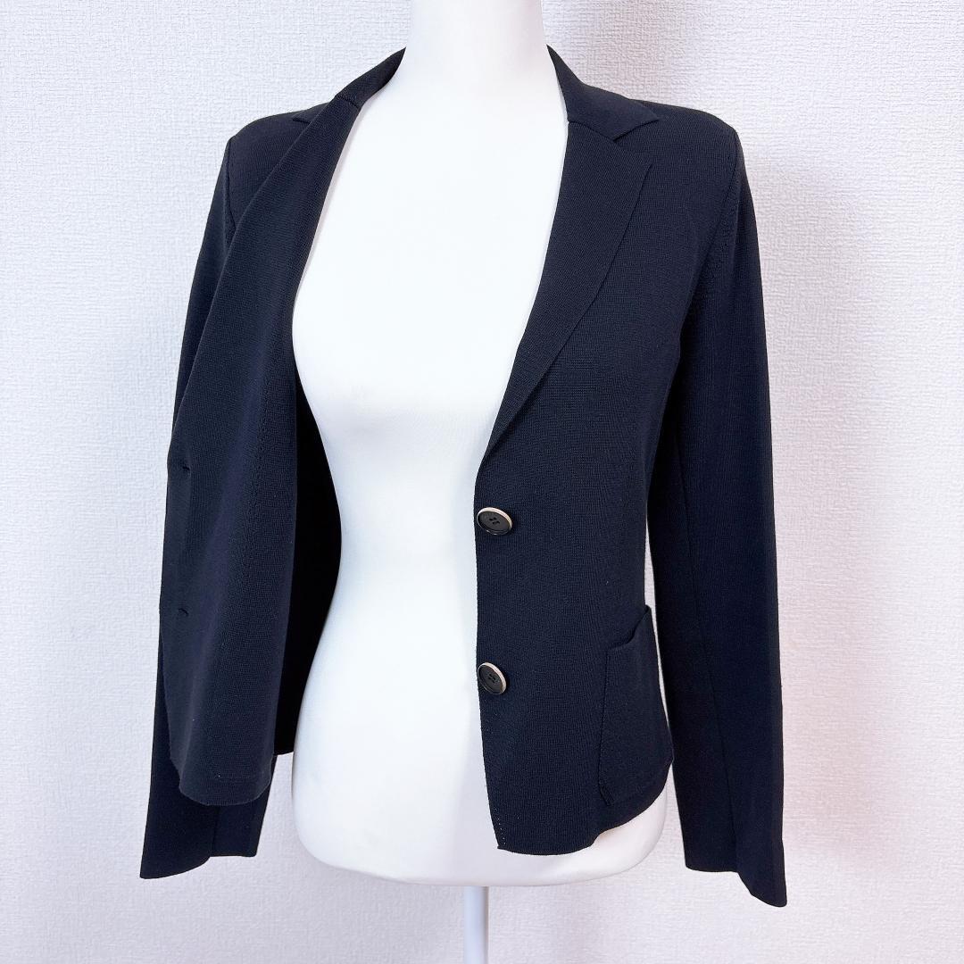 【美品】FOXEY ニット地テーラードジャケット 38 無地 ダークネイビー