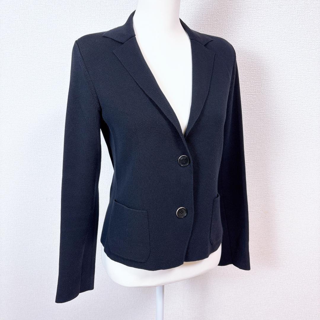 【美品】FOXEY ニット地テーラードジャケット 38 無地 ダークネイビー
