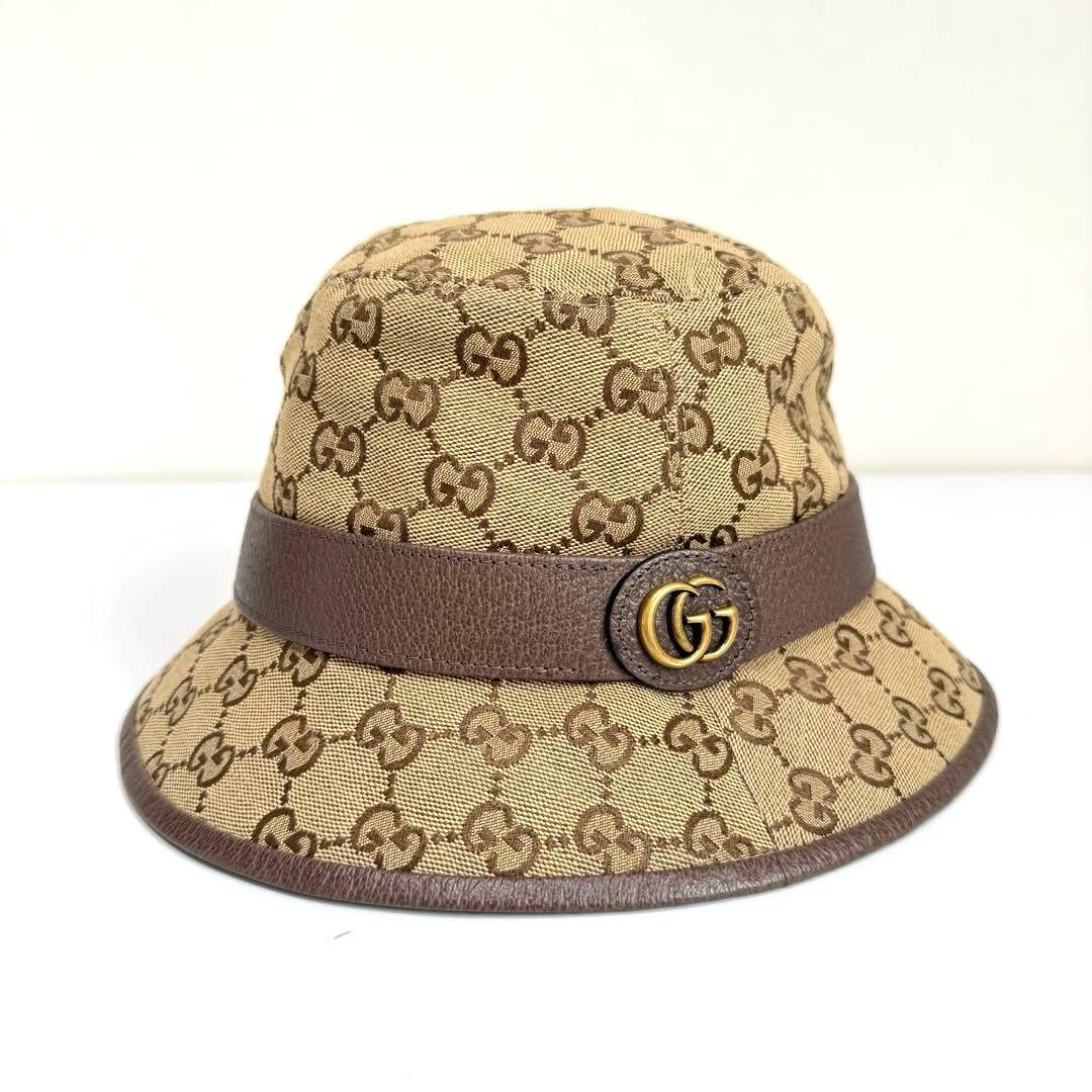 【ほぼ未使用】グッチ バケットハット GGキャンバス ブラウン Sサイズ 57