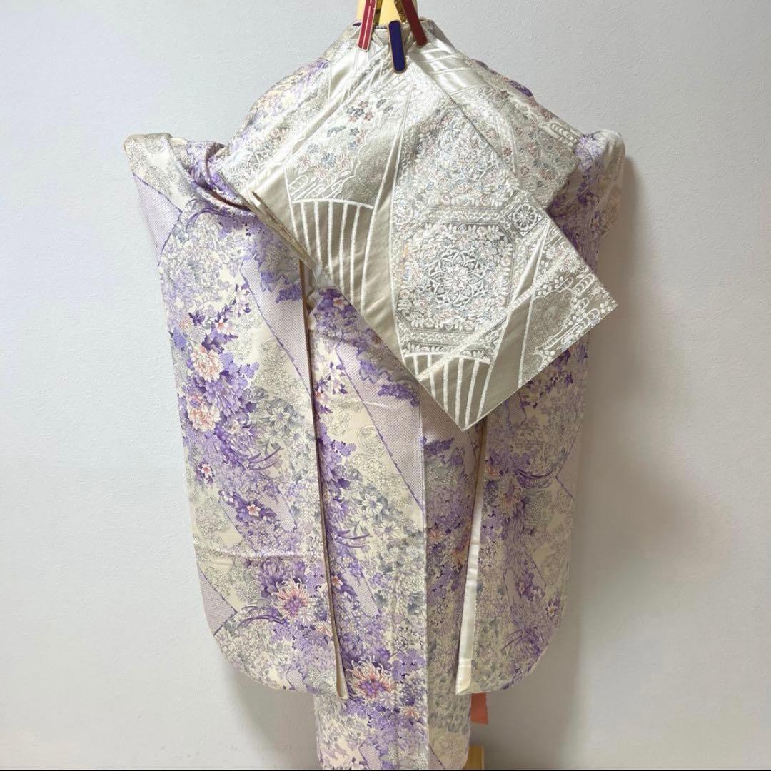 振袖フルセット 正絹 薄紫 白 オフホワイト 金彩 総柄 フェミニン