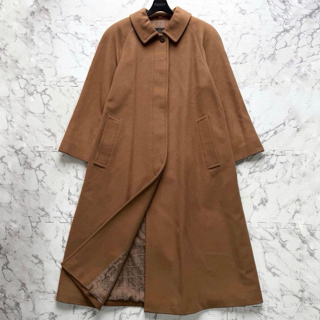 極美品✨バーバリー カシミヤ100% ステンカラーコート 裏地ロゴ総柄 キャメル