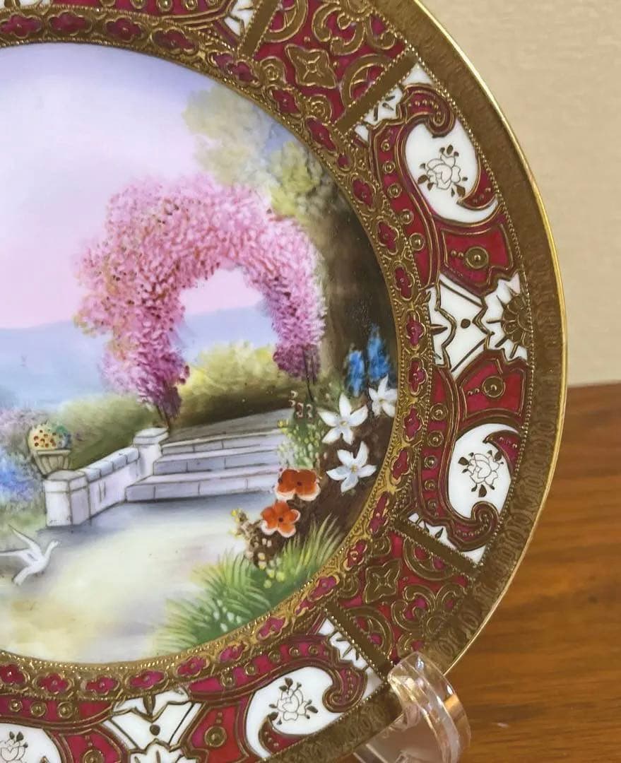 オールドノリタケ マルキ印　金盛り　風景花鳥文皿 里帰り　アンティーク