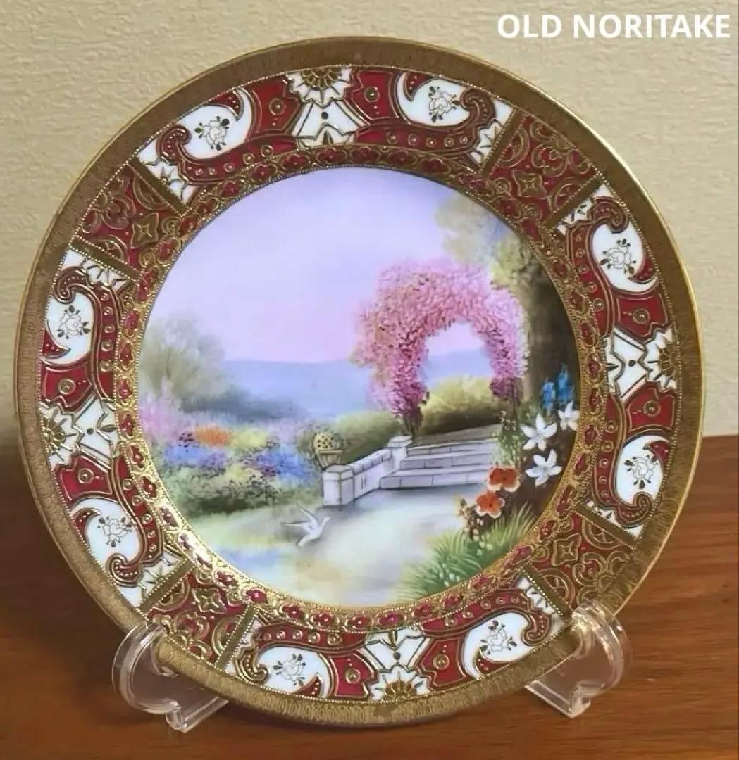 オールドノリタケ マルキ印　金盛り　風景花鳥文皿 里帰り　アンティーク