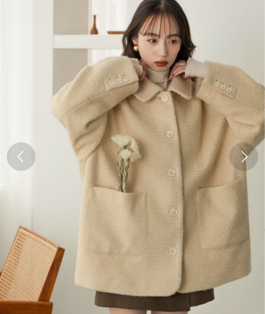 hinari ステンカラーシャギーミドルコート アイボリー