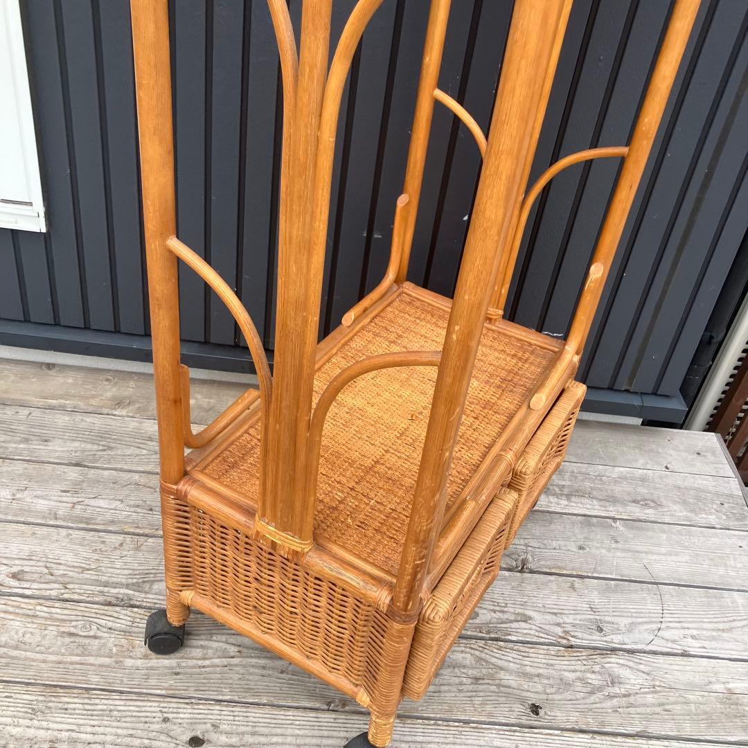 昭和レトロ アーチ型 ラタンハンガーラック 籐家具 花柄カバー付き 古家具