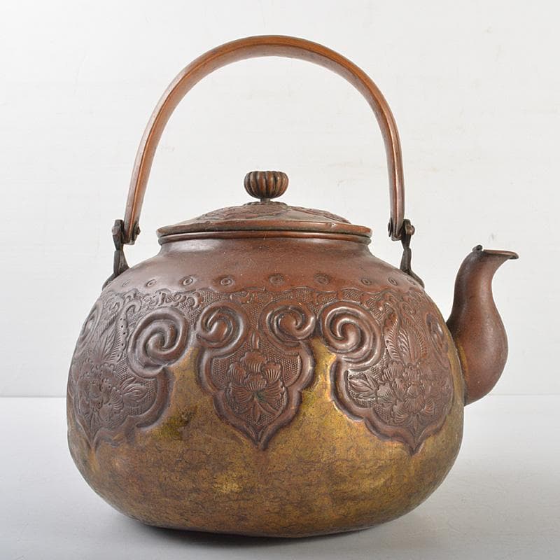 煎茶道具　銅製鎚起　花文　湯沸し　水次　薬缶　M　R6809