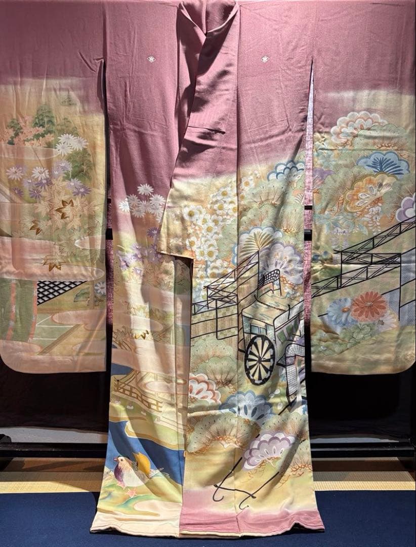 アンティーク振袖 薄紫　おしどり御所車文様ヴィンテージ正絹淡色はんなり