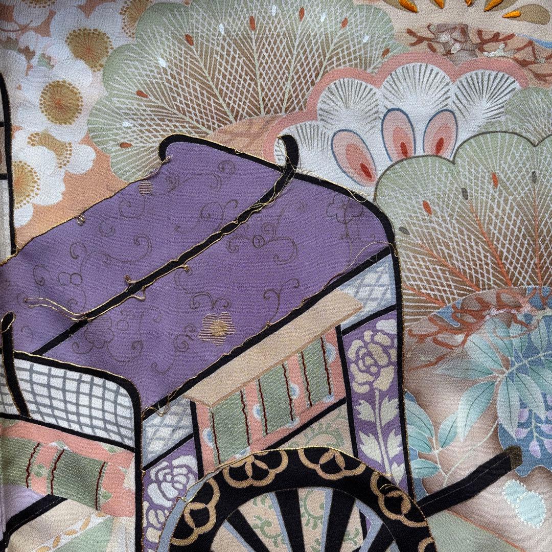アンティーク振袖 薄紫　おしどり御所車文様ヴィンテージ正絹淡色はんなり