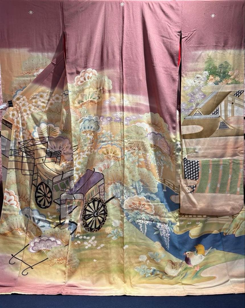 アンティーク振袖 薄紫　おしどり御所車文様ヴィンテージ正絹淡色はんなり