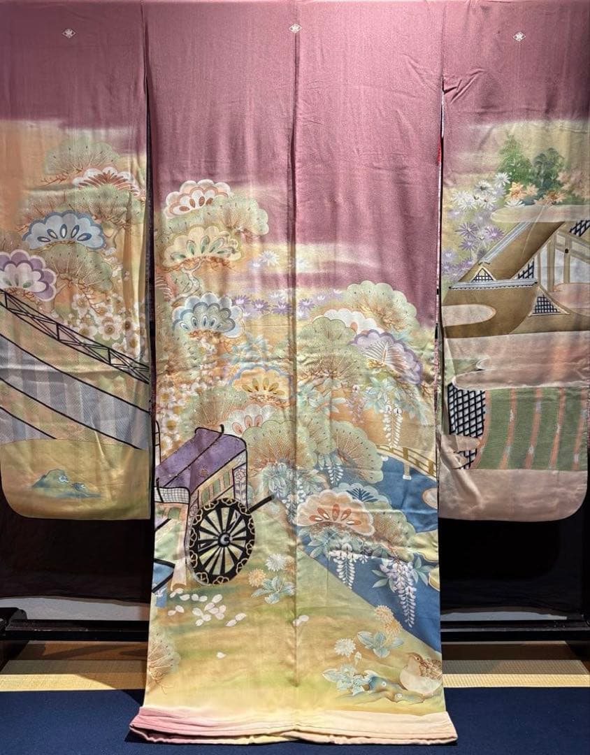 アンティーク振袖 薄紫　おしどり御所車文様ヴィンテージ正絹淡色はんなり