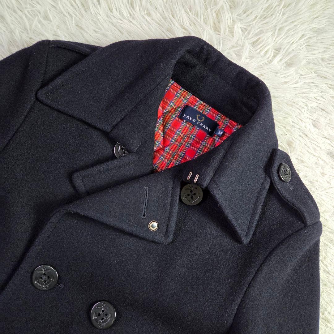 美品 フレッドペリー Pコート 裏地 総柄 チェック サイズM ダークネイビー