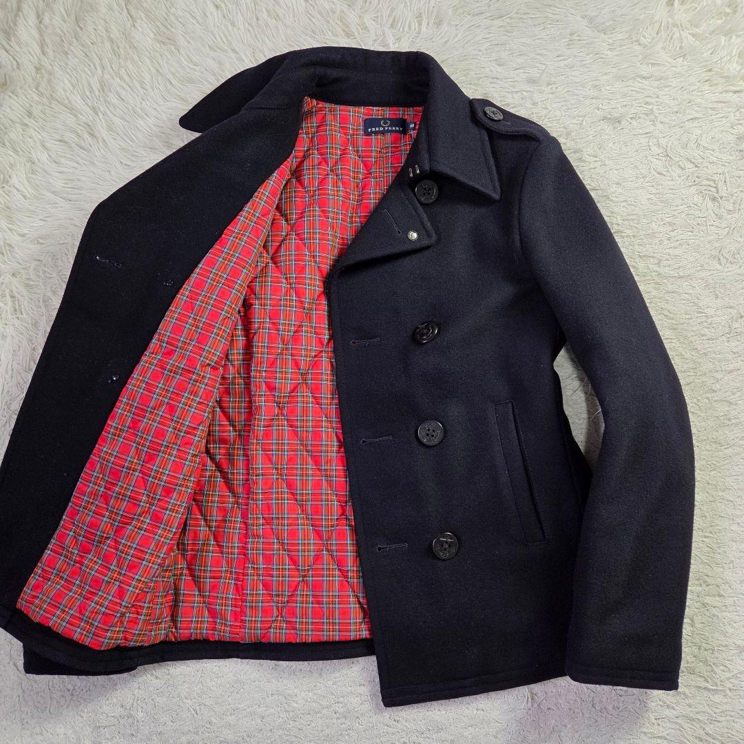 美品 フレッドペリー Pコート 裏地 総柄 チェック サイズM ダークネイビー