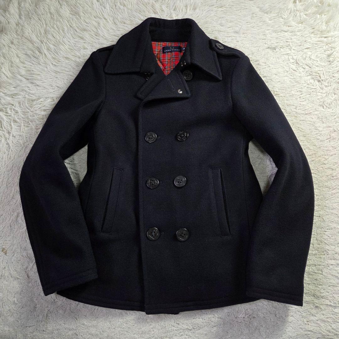 美品 フレッドペリー Pコート 裏地 総柄 チェック サイズM ダークネイビー