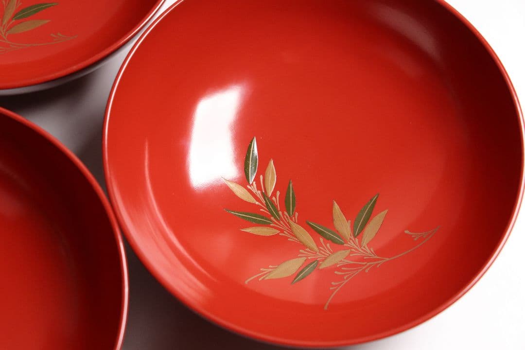 CG34 輪島塗 時代木製漆器 竹笹蒔絵 朱塗御吸物椀 五客 / 伝統漆芸茶懐石