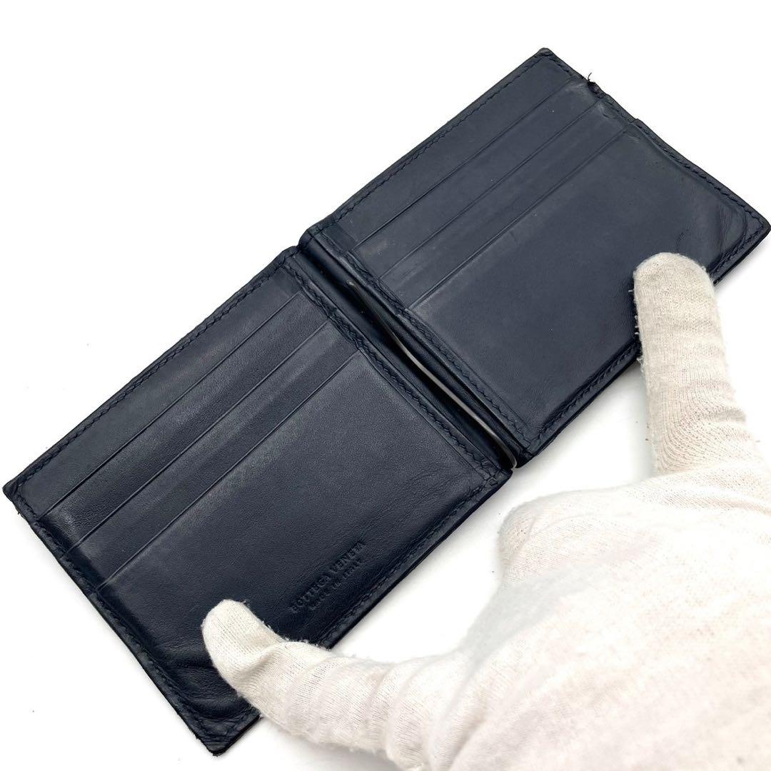 極上⚫︎ボッテガヴェネタ マネークリップ イントレチャート レザー ネイビー 濃紺