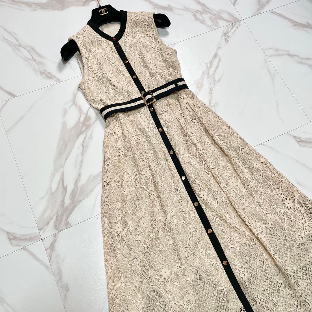近年✨ダイアグラム レース 刺繍 ワンピース ドレス ベルト Aライン 36
