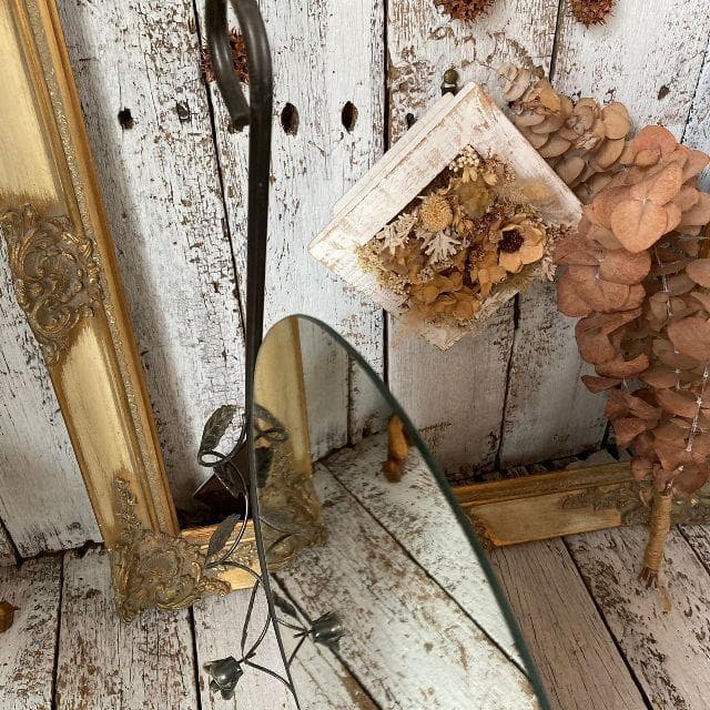 ちま*アイアン フレーム ウォールミラー*フラワー 葉 鉄細工 壁掛け鏡