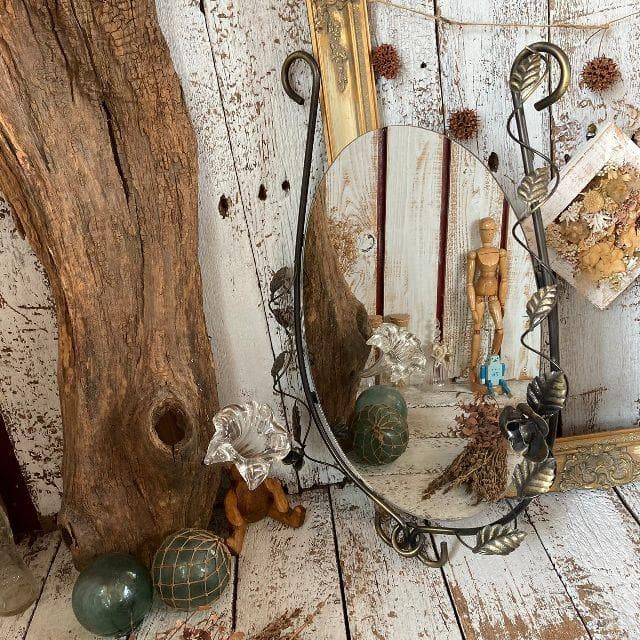 ちま*アイアン フレーム ウォールミラー*フラワー 葉 鉄細工 壁掛け鏡