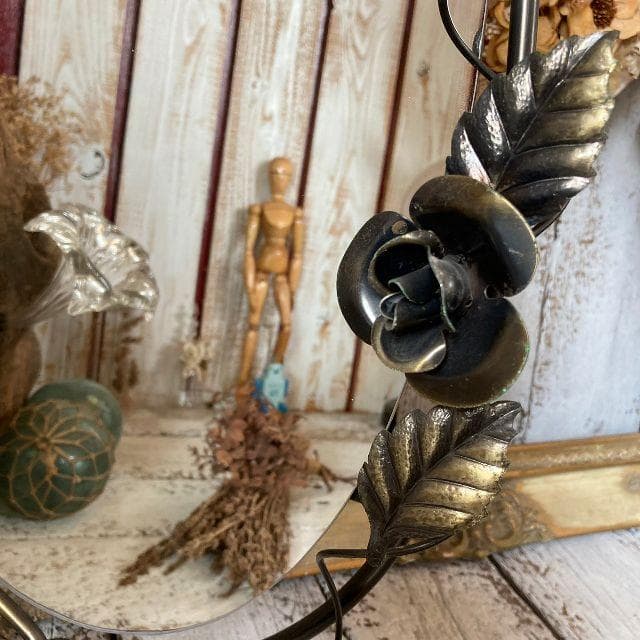 ちま*アイアン フレーム ウォールミラー*フラワー 葉 鉄細工 壁掛け鏡