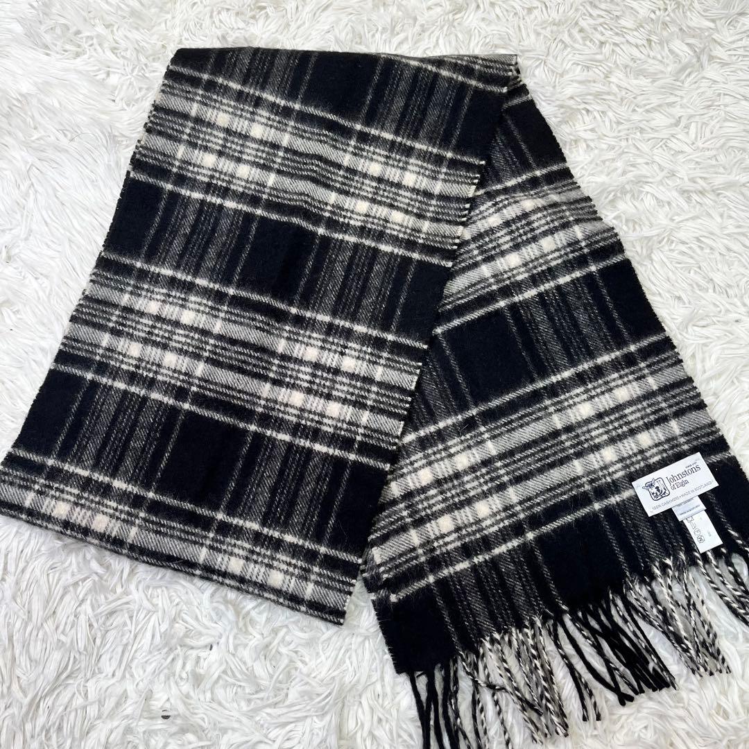 美品✨ ジョンストンズオブエルガン　カシミアマフラー　ブラック　チェック