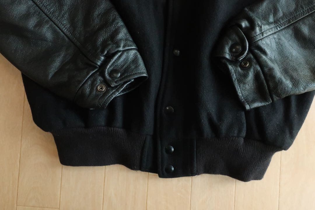 カナダ製 バーシティジャケット スタジャン レザー切替 ブラック L ウール