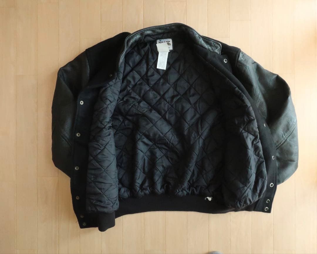 カナダ製 バーシティジャケット スタジャン レザー切替 ブラック L ウール